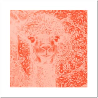 Ghostly alpaca and mandala in Fiesta Red Posters and Art